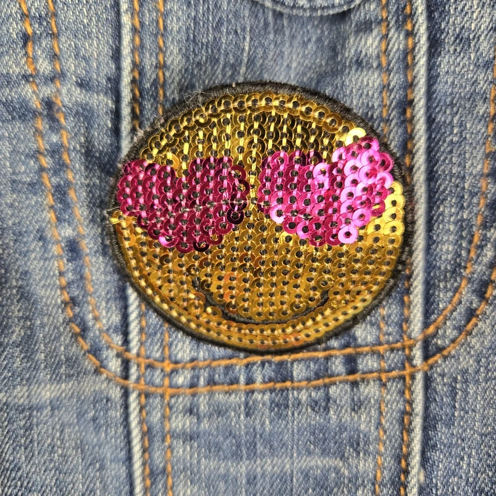 Gap Kids Blue Denim Jean Jacket Girls Size XL With Sequin Emoji Pins